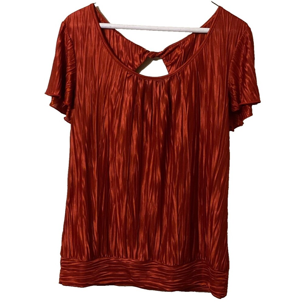 Alyx Crinkle Pleated Banded Hem Top Sz L Burnt Orange Twist Keyhole Back Blouse
